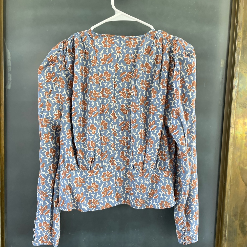 Joie Floral Puff Sleeve Blouse Blue Rust Size Large - Picture 8 of 9
